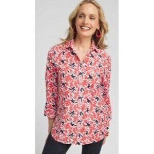 Chico’s Womens Cotton Button-Up Red White Navy Floral Top Sz 3.5(18-XL) Casual